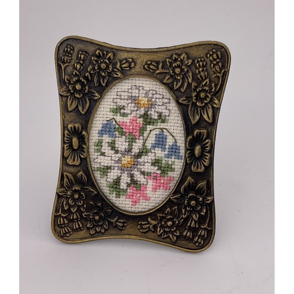 Other - Vintage Miniature Cross-Stitch Needlepoint Floral Framed Art